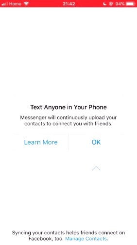 *In order to **not** send your contacts to Facebook, you need to tap “Learn More.”*